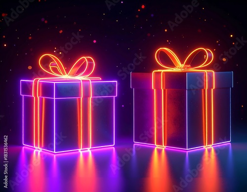 Two illuminated gift boxes with neon outlines, dark background