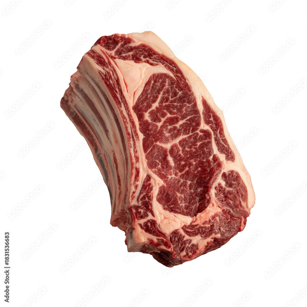Obraz premium Raw beef ribeye steak with bone and marbling on black background isolated on a transparent background
