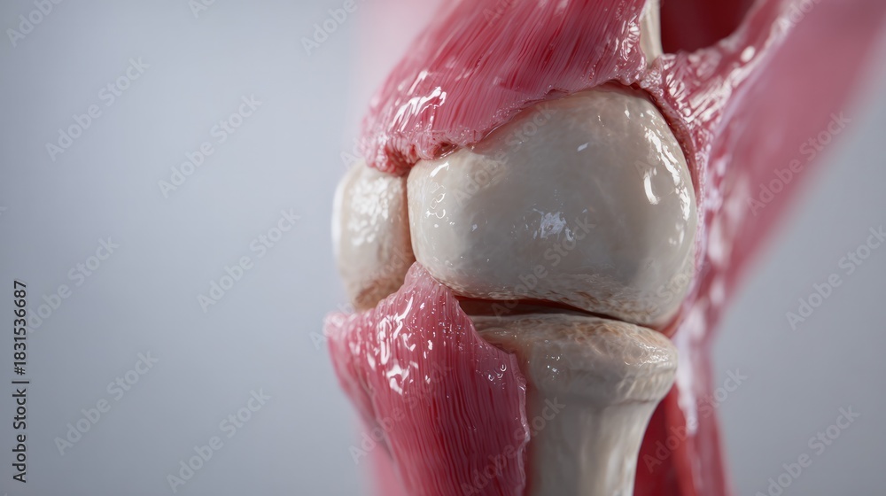 Fototapeta premium Anatomical Knee Model: A detailed anatomical model of a human knee joint, showcasing the intricate structure of bones, muscles, and ligaments.