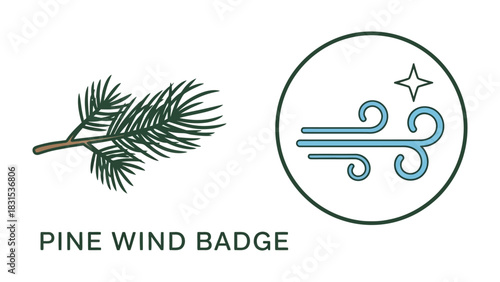 Nature's Emblem: A pine branch alongside a stylized representation of wind, capturing the essence of the natural world in a simple yet elegant badge.
