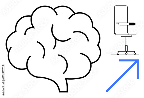 Brain outline connected to a modern office chair via an arrow pointing upward. Ideal for creativity, productivity, innovation, strategy, brainstorming, workplace growth, and efficiency. Simple flat