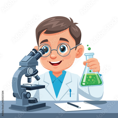 Young scientist conducting experiment with microscope and conical flask illustration