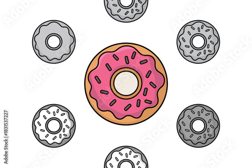 A single pink frosted donut is surrounded by several gray donuts.