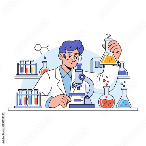 Scientist Conducting Research with Microscope and Laboratory Equipment Illustration
