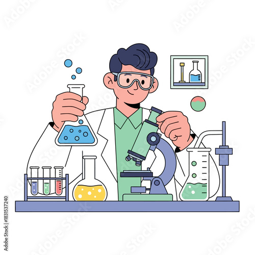Young scientist conducting experiment in laboratory with chemical materials analysis and research