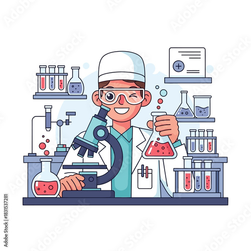 Enthusiastic researcher in lab coat conducting scientific experiment with tools and equipment for