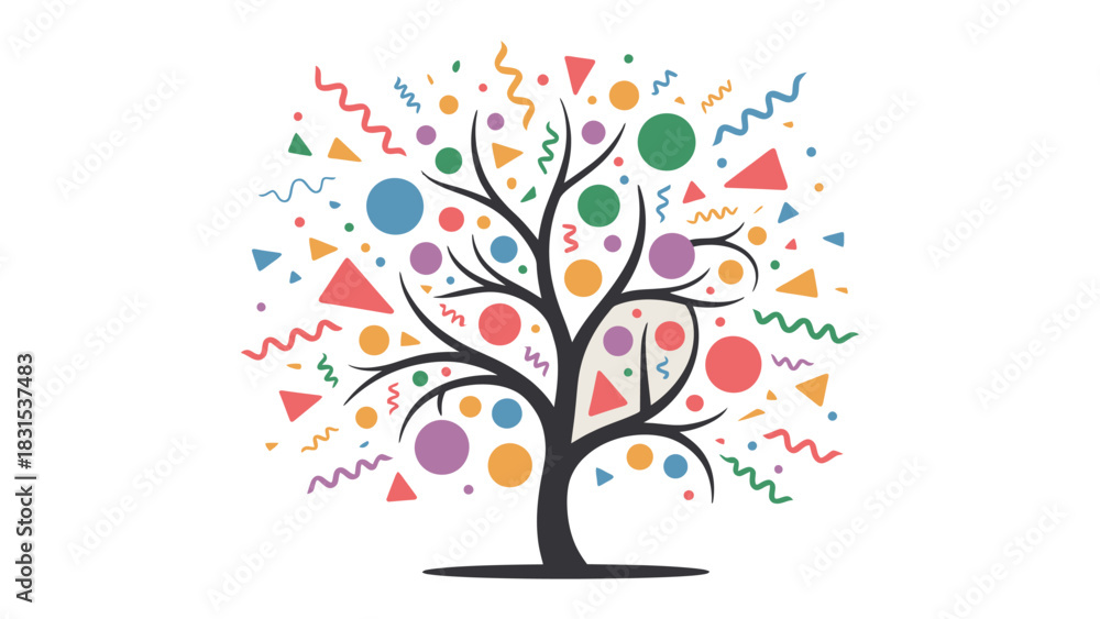 Fototapeta premium Colorful Abundance: A vibrant tree bursting with geometric shapes, symbolizing growth, creativity, and the richness of life.