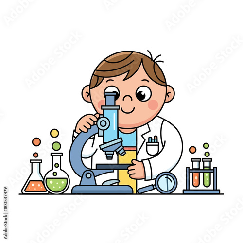 Cartoon scientist character analyzing compounds under microscope in laboratory studying science