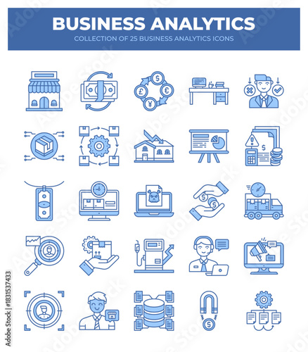Collection of Business Analytics Icons. Data Analysis. Financial Reports. Market Research. and More