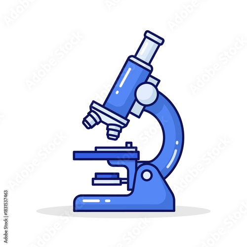 Illustration of a blue microscope with visible lens system for scientific research and discovery