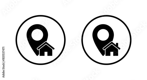 Home location pin icon in circular outline. House address marker symbol
