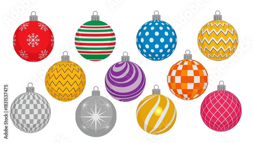 Collection of isolated Christmas tree ornaments with colorful and modern graphic patterns. Vector illustration of festive holiday baubles