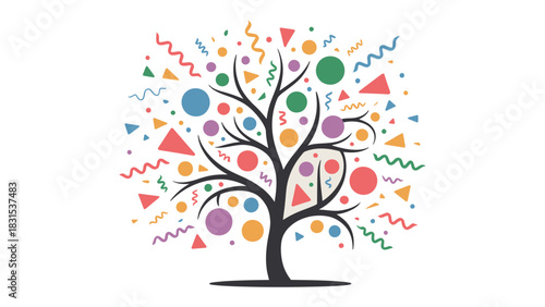 Colorful Abundance: A vibrant tree bursting with geometric shapes, symbolizing growth, creativity, and the richness of life.