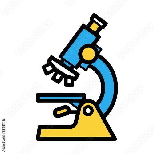 Stylized microscope illustration emphasizing vibrant color and bold line work in scientific field
