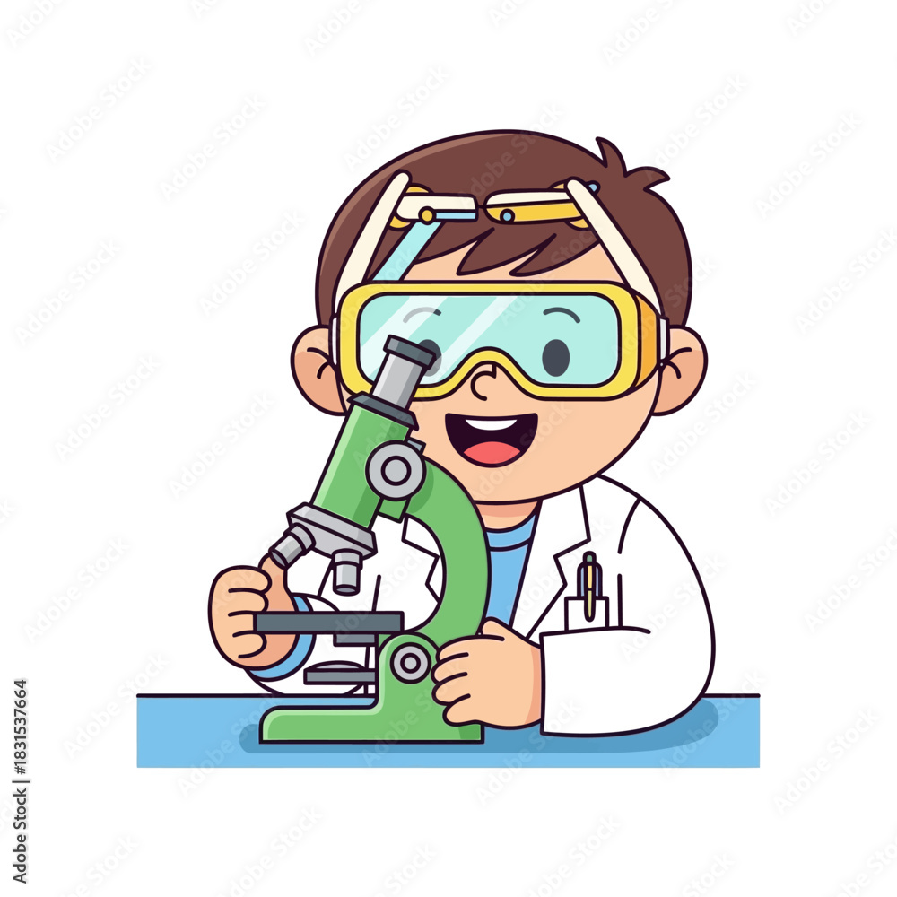 Fototapeta premium Animated scientist character with microscope showcases laboratory experimentation and education