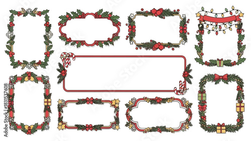 Collection of Festive Christmas Borders and Frames Decorated with Holly Berries Pine Cones and Lights
