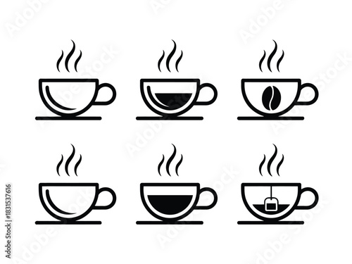Collection of steaming hot beverage icons, including coffee and tea cups.