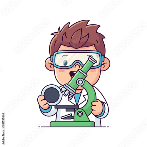 Young scientist conducting experiment with microscope isolated on white background