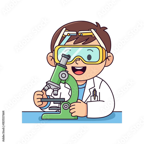 Animated scientist character with microscope showcases laboratory experimentation and education