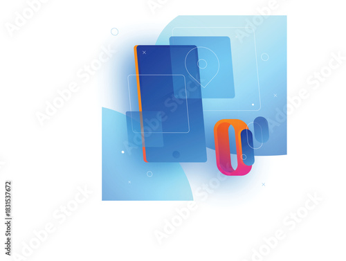 Modern abstract digital illustration featuring a sleek blue smartphone and a vibrant orange fitness tracker on a gradient background with subtle geometric elements
