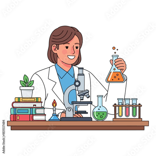 Illustration of a smiling researcher conducting scientific experiments in laboratory setup