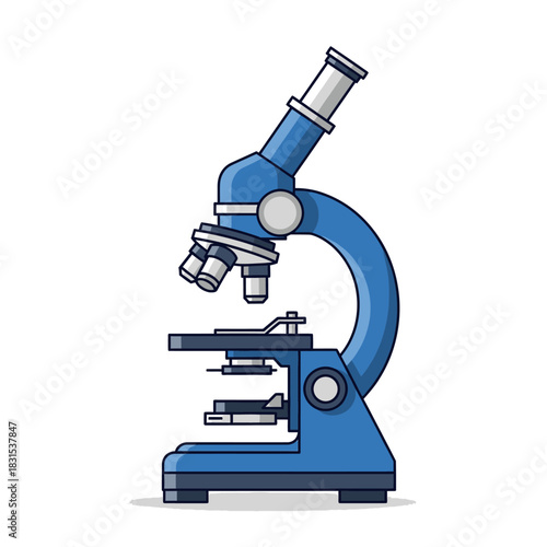 Detailed illustration of a blue microscope used in scientific research and lab testing