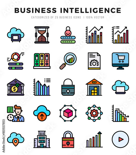 Business Intelligence icons Pack. Lineal Color icons set. Business Intelligence collection set.