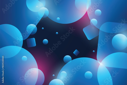 Abstract background with glowing blue and pink spheres and cubes floating in dark space with soft light effects