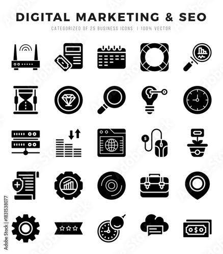 Vector Digital Marketing & SEO types icon set in Glyph style. vector illustration.