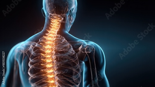 Human Spine Anatomy: An illuminated, close-up view of the human spine, showcasing intricate skeletal details against a dark backdrop, it is a great for medical education, healthcare.