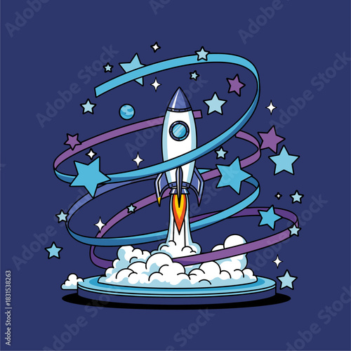 Stylized Rocket Launching with Stars & Swirls, Space Exploration & Startup Success Concept