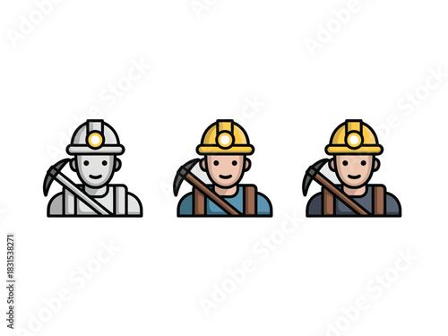 Three cartoon icons depict miners with pickaxes and hard hats.