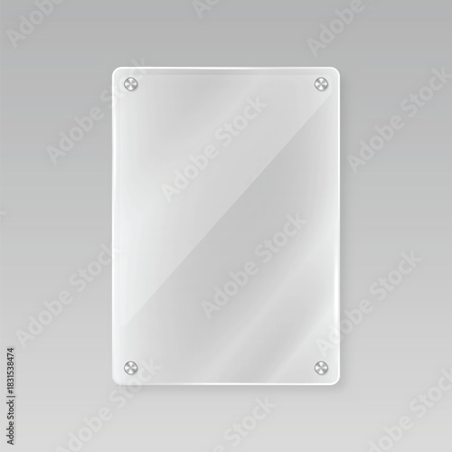 Blank transparent glass panel with rounded corners and visible screw mounts isolated on a subtle grey background