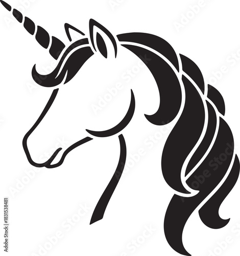 Unicorn Head Silhouette Vector Illustration: Majestic Mythical Creature, Black and White Graphic Design, Fantasy Animal Art, Horned Horse Icon
