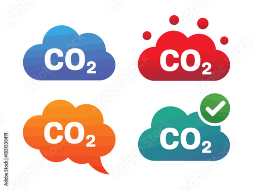 Four stylized clouds with 'CO2' labels represent carbon dioxide emissions and control.