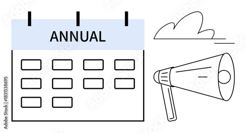 Annual calendar represents scheduled events paired with a megaphone symbolizing announcements, promotion, communication. Ideal for marketing, planning, scheduling, campaigns, alerts, strategy simple
