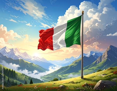 Vivid illustration of a waving flag against mountain scenery