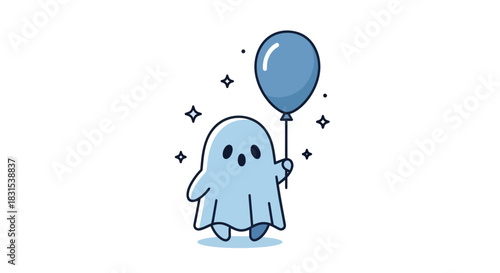 Cartoon ghost with blue balloon isolated on white background illustration