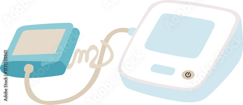 Illustration of a digital blood pressure monitor with cuff and display screen, connected by a tube.