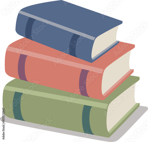 A simple illustration of three colorful books stacked neatly on a white background, depicting a blue, red, and green book.