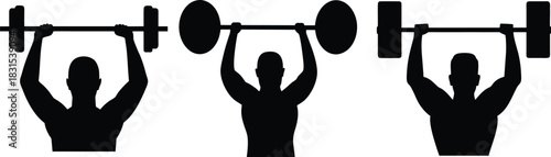 Barbell Overhead Press Sequence Silhouette - Set of Three Weightlifting Men Icons