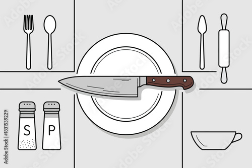 A chef's knife rests on a plate surrounded by kitchen utensils and condiments.