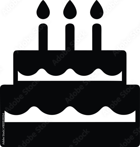 Birthday Cake Icon Silhouette - Two-Tier Celebration Cake with Three Burning Candles