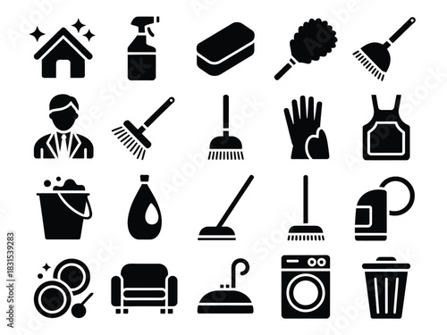 A collection of icons representing various household cleaning supplies and tools.