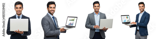 Diverse of Indian business men holding laptop isolated on white or transparent background