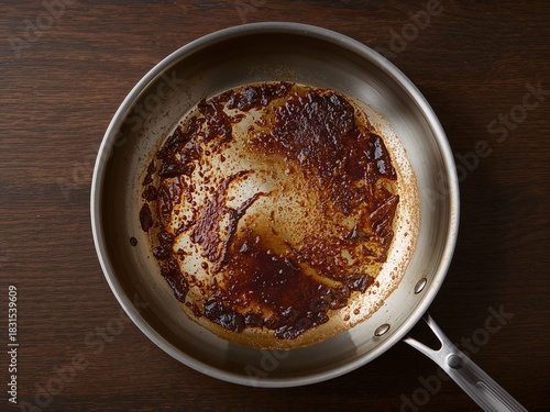 Stainless steel pan with browned fond residue from searing, used for rich sauce preparation.
