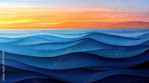 Fototapeta Naklejka Na Ścianę i Meble -  Abstract artwork depicting ocean waves under a colorful sunset sky. The image features layers of blue and orange hues.