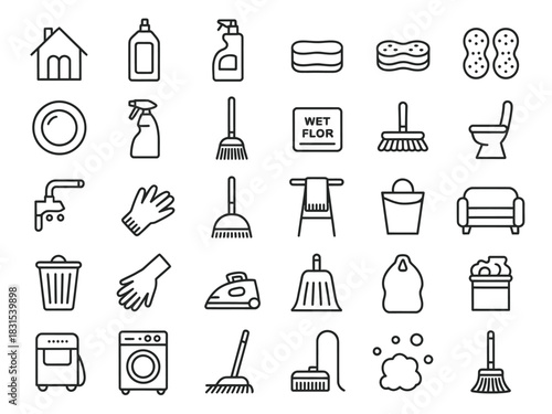 A collection of cleaning supplies and tools for home maintenance.