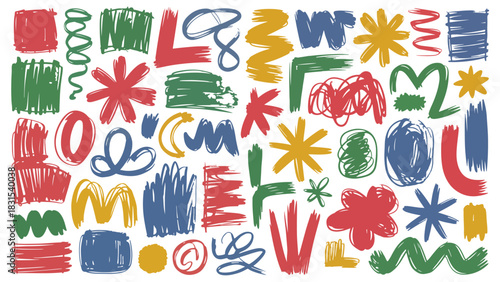 Abstract collection of colorful hand drawn doodle shapes, scribbles, and symbols in primary colors like red, blue, and green, perfect for modern artistic design elements