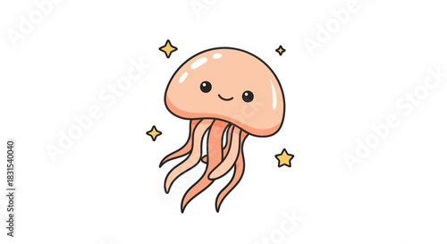Cartoon jellyfish illustration with a smiling face and shining stars in the background